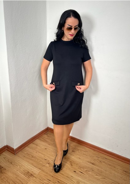 Oysh Gold Düğmeli Cep Kapak Detaylı Modal Siyah Elbise fırsatları