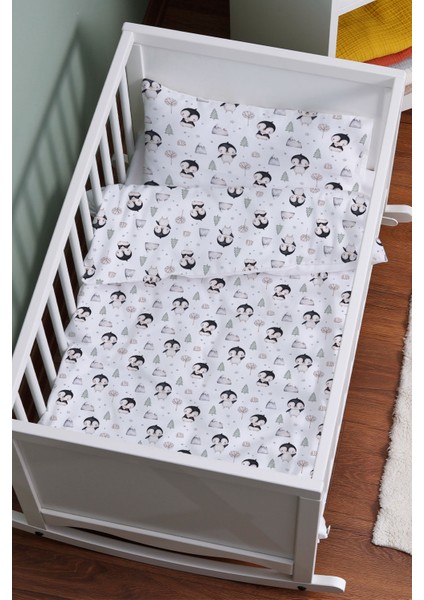 Organik Anne Yanı Nevresim Takımı (60X100) - Kutup Dostları Penguenler