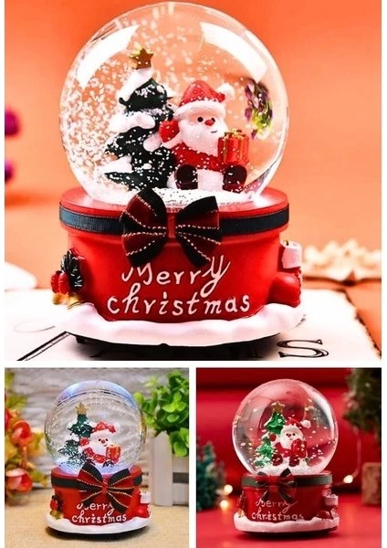 Yeni Yıl Noel Baba ve Çam Ağacı Temalı Kar Küresi 13 cm ışıklı Müzikli Yılbaşı Noel Baba Işıklı Müzikli Kar Küresi Dekoratif Hediye