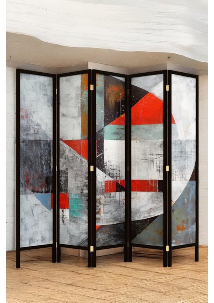 Doğal Ahşap Soyut Kırmızı Çizgisel Tek Taraf Baskılı 5 Kanat Paravan Seperatör Oda Bölme