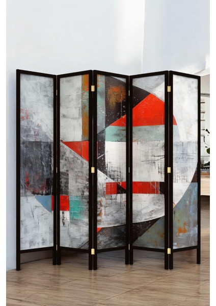 Doğal Ahşap Soyut Kırmızı Çizgisel Tek Taraf Baskılı 5 Kanat Paravan Seperatör Oda Bölme fiyatları