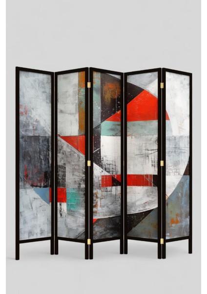 Doğal Ahşap Soyut Kırmızı Çizgisel Tek Taraf Baskılı 5 Kanat Paravan Seperatör Oda Bölme modelleri