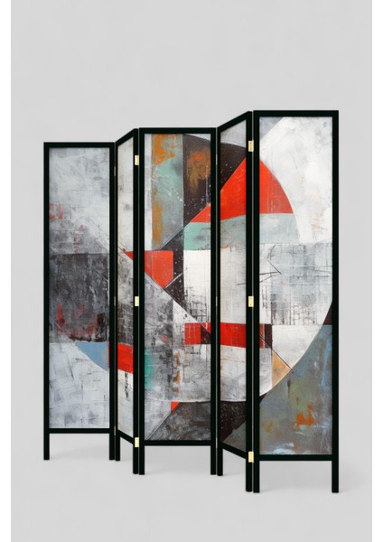 Doğal Ahşap Soyut Kırmızı Çizgisel Tek Taraf Baskılı 5 Kanat Paravan Seperatör Oda Bölme fırsatları