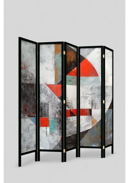 Doğal Ahşap Soyut Kırmızı Çizgisel Tek Taraf Baskılı 5 Kanat Paravan Seperatör Oda Bölme indirimleri