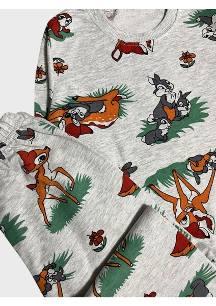 Kız Çocuk Pamuklu Gri Geyik Tavşan Desenli Uzun Kollu Mevsimlik Pijama Takımı