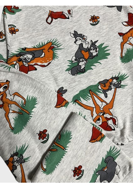 Kız Çocuk Pamuklu Gri Geyik Tavşan Desenli Uzun Kollu Mevsimlik Pijama Takımı