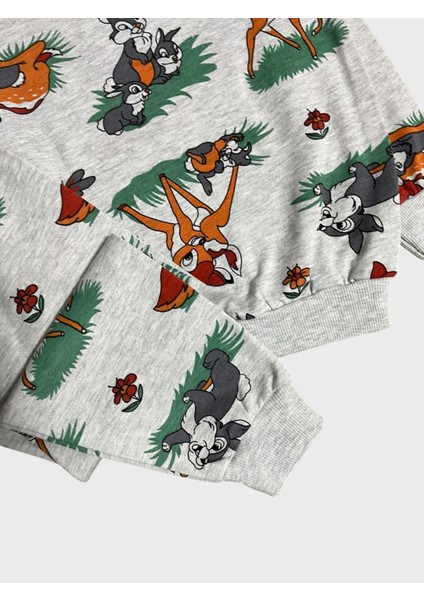 Kız Çocuk Pamuklu Gri Geyik Tavşan Desenli Uzun Kollu Mevsimlik Pijama Takımı