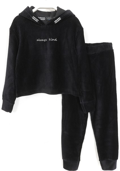 Fitilli Kadife Nakışlı Kapüşonlu Crop Kız Çocuk Alt Üst Takım Siyah 001-0002004