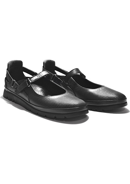 223 Deri Siyah & Beyaz Cırtlı Günlük Kadın Babet Ayakkabı