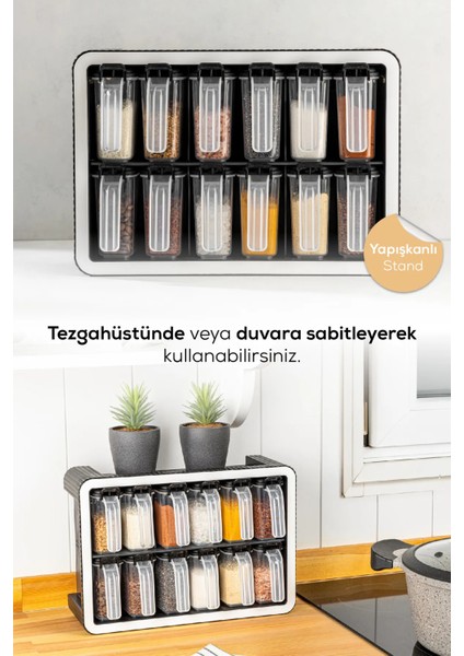 12'li 250 ml Standlı Kendinden Yapışkanlı Kaşıklı Baharatlık Seti Siyah