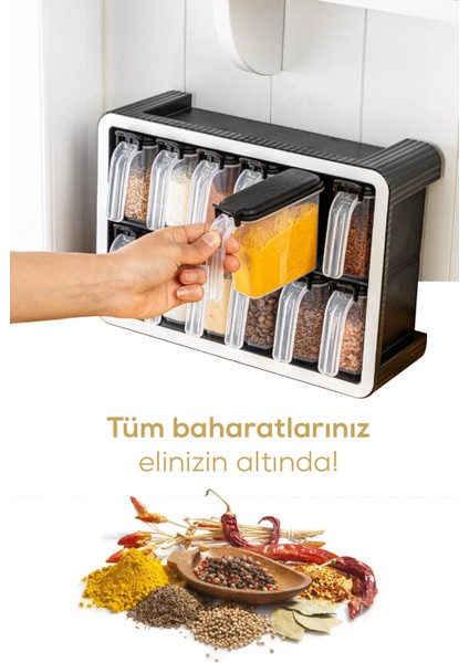 12'li 250 ml Standlı Kendinden Yapışkanlı Kaşıklı Baharatlık Seti Siyah fırsatları