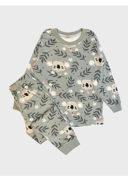 Kız Çocuk Pamuklu Yeşil Koola Çiçek Yaprak Desenli Uzun Kollu Pijama Takımı