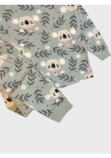 Kız Çocuk Pamuklu Yeşil Koola Çiçek Yaprak Desenli Uzun Kollu Pijama Takımı