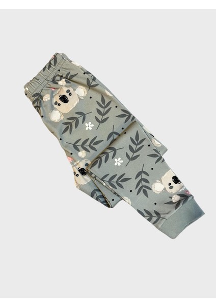 Kız Çocuk Pamuklu Yeşil Koola Çiçek Yaprak Desenli Uzun Kollu Pijama Takımı