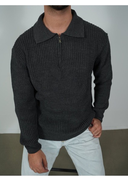 Oversize Tüylenmez Naturel Pamuk Fermuarlı Polo Yaka Triko Kazak Şık ve Konforlu Sağlıklı Tasarım