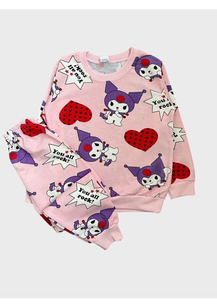 Kız Çocuk Pamuklu Pembe Kuromi Desenli Uzun Kollu Mevsimlik Pijama Takımı