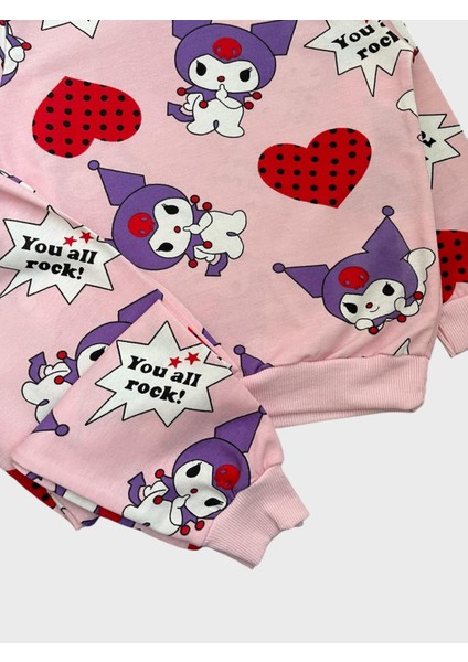 Kız Çocuk Pamuklu Pembe Kuromi Desenli Uzun Kollu Mevsimlik Pijama Takımı