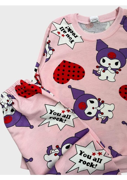 Kız Çocuk Pamuklu Pembe Kuromi Desenli Uzun Kollu Mevsimlik Pijama Takımı