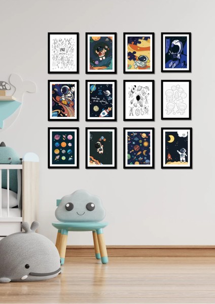 12 Parça Siyah Çerçeve Görünümlü Space Duvar Dekoru Salon Oturma Yatak Çocuk Odası Için Tablo Seti