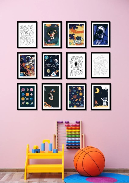 12 Parça Siyah Çerçeve Görünümlü Space Duvar Dekoru Salon Oturma Yatak Çocuk Odası Için Tablo Seti