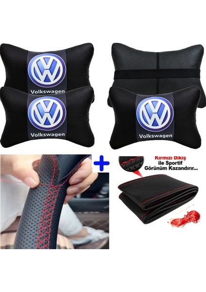 Volkswagen Touran Uyumlu Dikmeli Direksiyon Kılıfı Nokta Desenli+5d 2'li Oto Boyun Yastığı