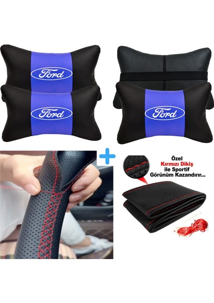 Ford Custom Serisine Uyumlu Dikmeli Direksiyon Kılıfı Nokta Desenli+5d 2'li Oto Boyun Yastığı
