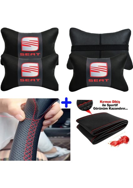Seat Ibiza Serisine Uyumlu Dikmeli Direksiyon Kılıfı Nokta Desenli+5d 2'li Oto Boyun Yastığı