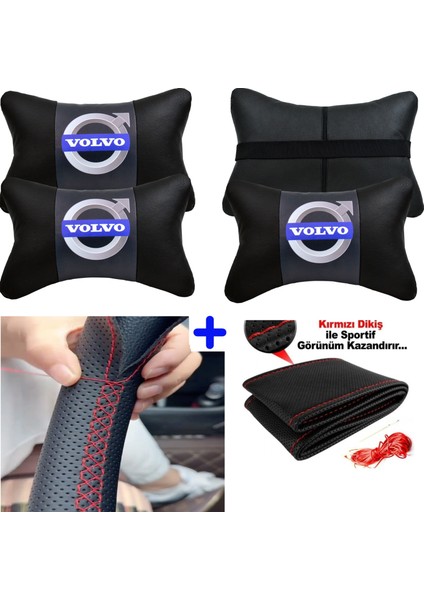 Volvo V60 Serisine Uyumlu Dikmeli Direksiyon Kılıfı Nokta Desenli+5d 2'li Oto Boyun Yastığı