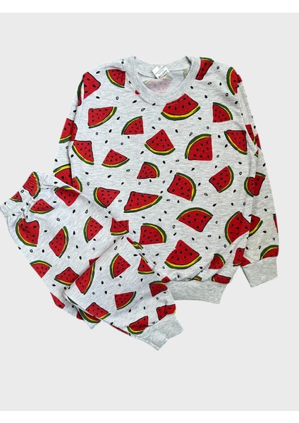 Kız Çocuk Pamuklu Gri Karpuz Desenli Uzun Kollu Mevsimlik Pijama Takımı