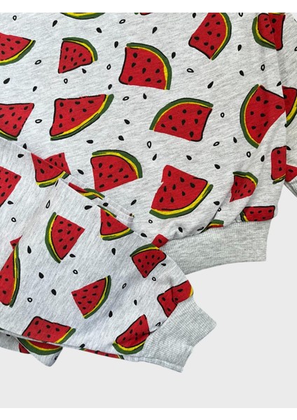 Kız Çocuk Pamuklu Gri Karpuz Desenli Uzun Kollu Mevsimlik Pijama Takımı