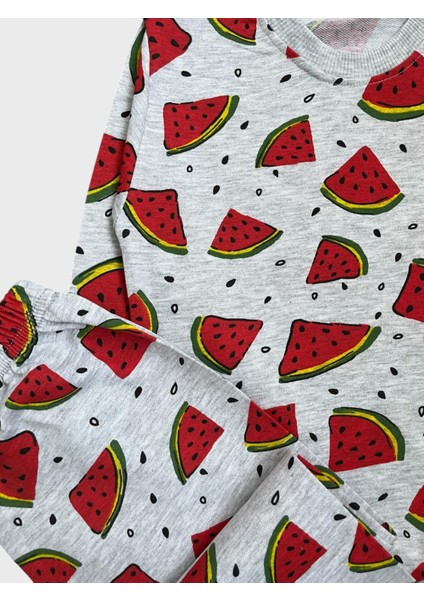 Kız Çocuk Pamuklu Gri Karpuz Desenli Uzun Kollu Mevsimlik Pijama Takımı