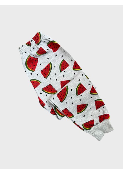 Kız Çocuk Pamuklu Gri Karpuz Desenli Uzun Kollu Mevsimlik Pijama Takımı