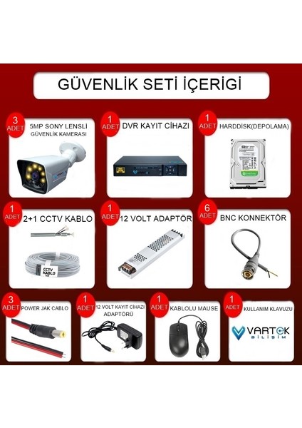 3 Kameralı-Gece Renkli 5mp Lensli 1080P Fullhd Kamera Seti - Su Gecirmez- Sabit Ip Gerektirmez fırsatları