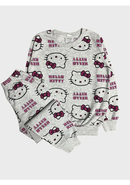 Kız Çocuk Pamuklu Gri Pembe Hello Kitty Desenli Uzun Kollu Mevsimlik Pijama Takımı