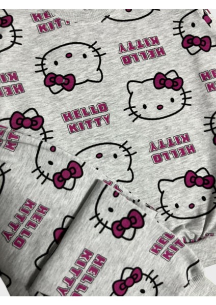 Kız Çocuk Pamuklu Gri Pembe Hello Kitty Desenli Uzun Kollu Mevsimlik Pijama Takımı