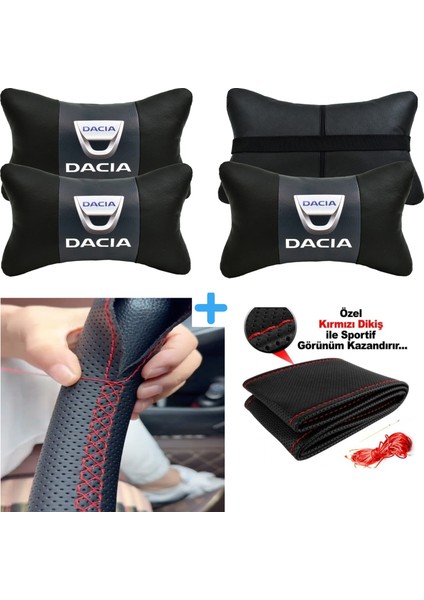 Dacia Logan Serisine Uyumlu Dikmeli Direksiyon Kılıfı Nokta Desenli+5d 2'li Oto Boyun Yastığı