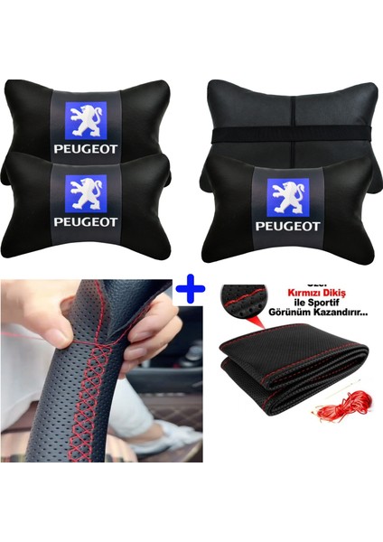 Peugeot E-308 Uyumlu Dikmeli Direksiyon Kılıfı Nokta Desenli+5d 2'li Oto Boyun Yastığı