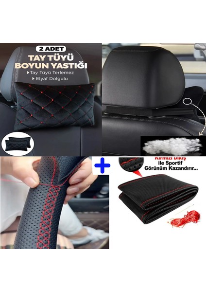 Chery Tiggo Serisine Uyumlu Dikmeli Direksiyon Kılıfı Nokta Desenli+5d 2'li Oto Boyun Yastığı