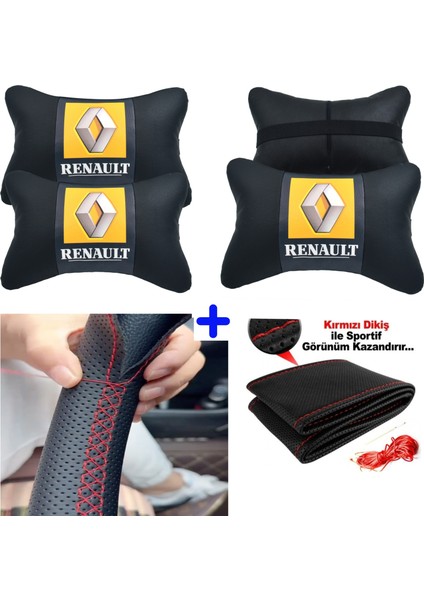 Renault Zoe Uyumlu Dikmeli Direksiyon Kılıfı Nokta Desenli+5d 2'li Oto Boyun Yastığı