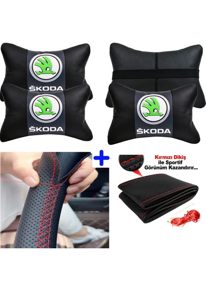 Skoda Kamiq Serisine Uyumlu Dikmeli Direksiyon Kılıfı Nokta Desenli+5d 2'li Oto Boyun Yastığı