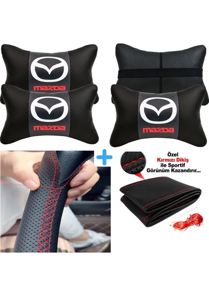 Mazda 5 Serisine Uyumlu Dikmeli Direksiyon Kılıfı Nokta Desenli+5d 2'li Oto Boyun Yastığı