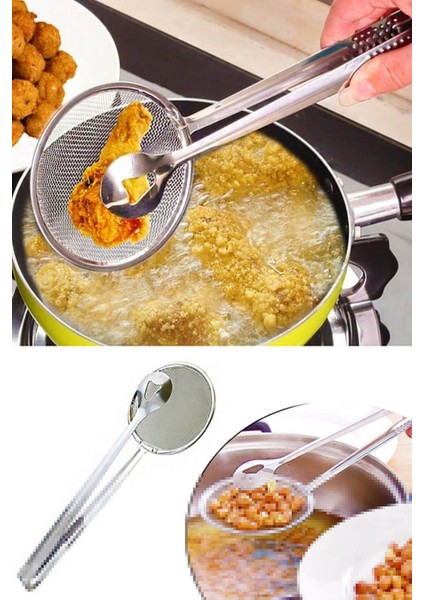 Paslanmaz Çelik Süzgeç Maşa – 2’si 1 Arada Pratik Kızartma ve Servis Aracı