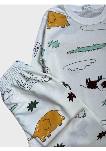 Erkek Çocuk Pamuklu Beyaz Safari Aslan Fil Desenli Uzun Kollu Mevsimlik Pijama Takımı
