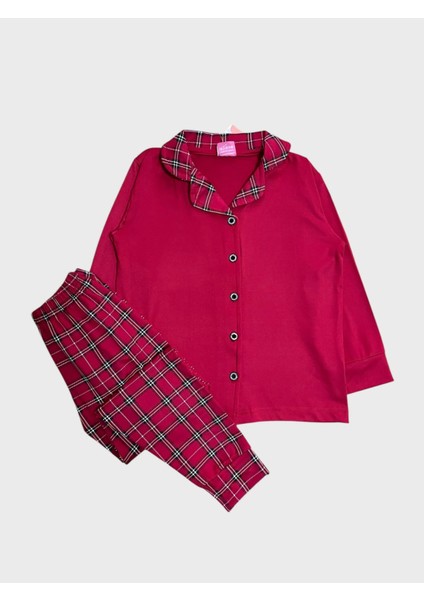 Kız Çocuk Pamuklu Lux Milan Kumaş Kırmızı Ekose Desenli Gömlek Yaka Boydan Düğmeli Pijama Takımı