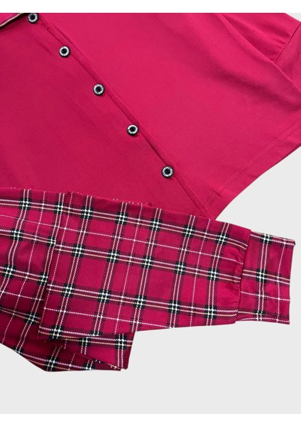 Kız Çocuk Pamuklu Lux Milan Kumaş Kırmızı Ekose Desenli Gömlek Yaka Boydan Düğmeli Pijama Takımı