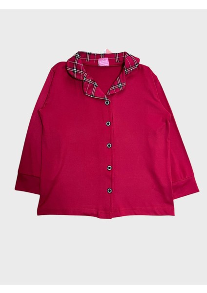 Kız Çocuk Pamuklu Lux Milan Kumaş Kırmızı Ekose Desenli Gömlek Yaka Boydan Düğmeli Pijama Takımı