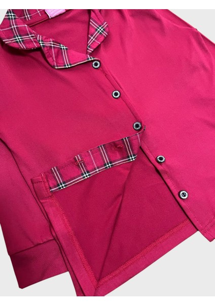 Kız Çocuk Pamuklu Lux Milan Kumaş Kırmızı Ekose Desenli Gömlek Yaka Boydan Düğmeli Pijama Takımı modelleri