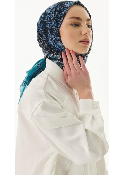 Adalie Petrol Geometrik Çiçek Desen Pamuklu Şal