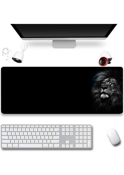 Sonictouch Ultragrand Mavi Gözlü Aslan Dikişsiz Xxl Gaming Oyuncu Masaüstü Siyah Beyaz Klavye Mouse Pad 40X90CM