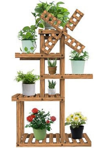 Eskitme Ceviz Rengi Ahşap Dekoratif Çiçeklik Saksılık Balkon Bahçe Standı Mobilyası Saksılık Raf